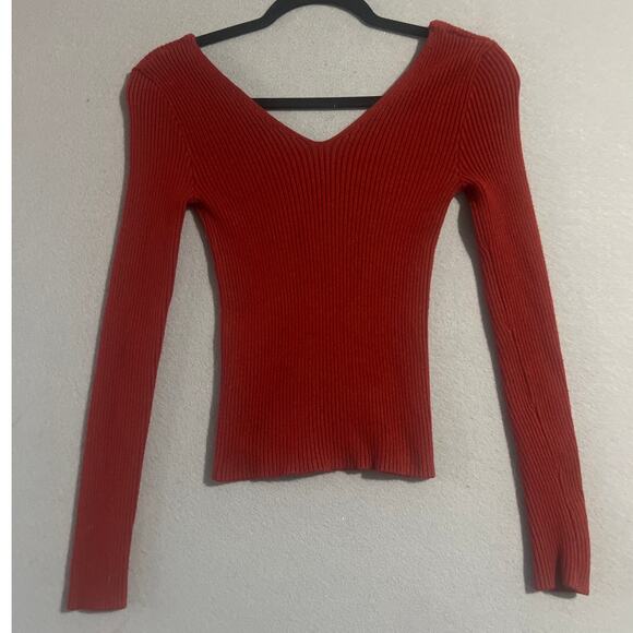 Forever 21 Sweater Women's Small V- Neck Ribbed Long Sleeve Redish Orange - Picture 2 of 5
